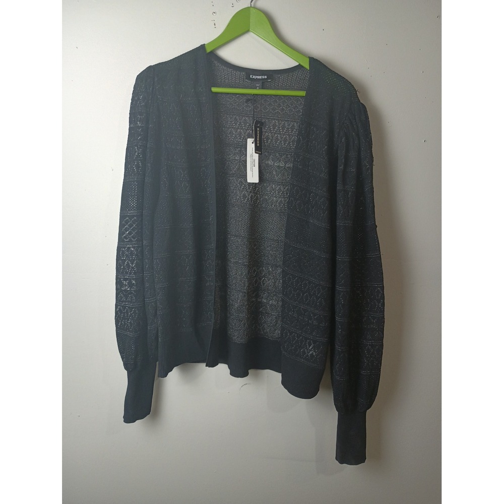 Express Womens Black Metallic Pointelle Puff Sleeve Open Front Cardigan Size‎ M